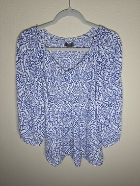 Ninety White Blouse with Blue Ikat Print